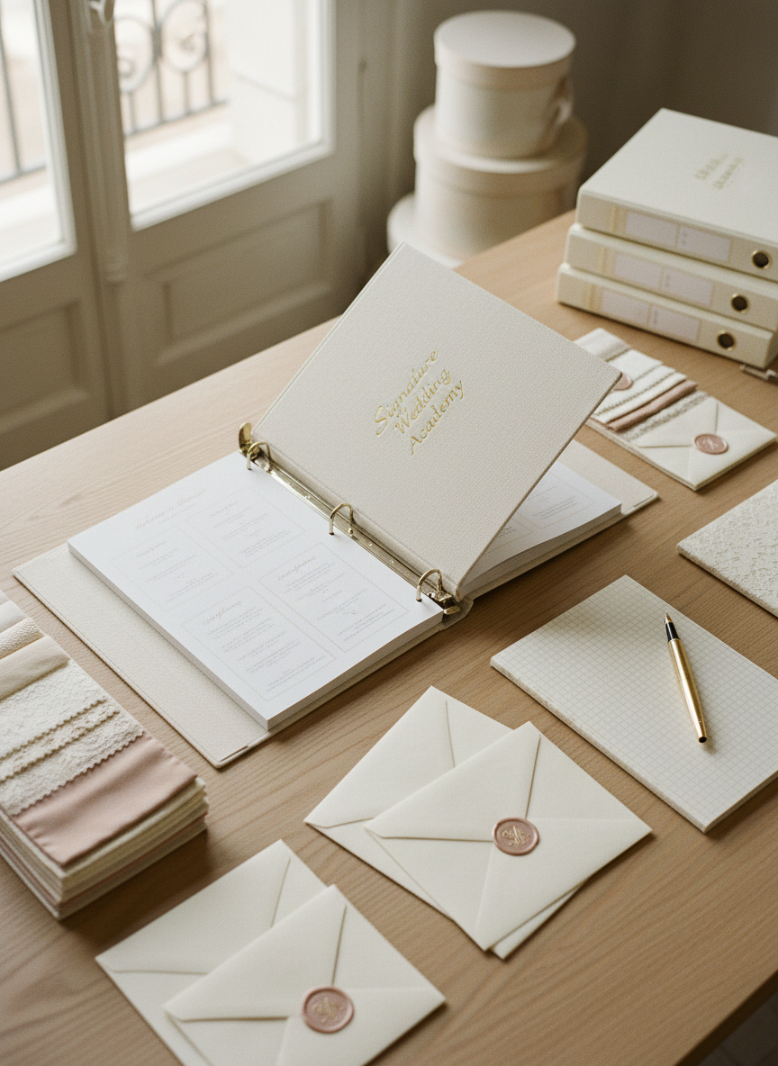 A meticulously styled flat lay of an elegant wedding planner’s desk, featuring a luxurious cream linen-covered binder embossed with “Signature Wedding Academy” in fine gold lettering, open to neatly organized planning templates in French. Surrounding it are textured swatch books of silk and lace, ivory envelopes sealed with blush wax and a refined monogram, and a slim gold fountain pen resting diagonally across a grid-lined notebook. The desk is a light oak surface near a tall window, bathed in soft morning daylight that creates gentle reflections on metallic details. The background falls into a subtle bokeh of stacked hatboxes and neatly labeled event binders. Photographic realism, shot from a directly overhead bird’s-eye view with crisp focus at the center, conveying a sophisticated, calm, highly professional atmosphere suitable for a top-tier French wedding planning school.